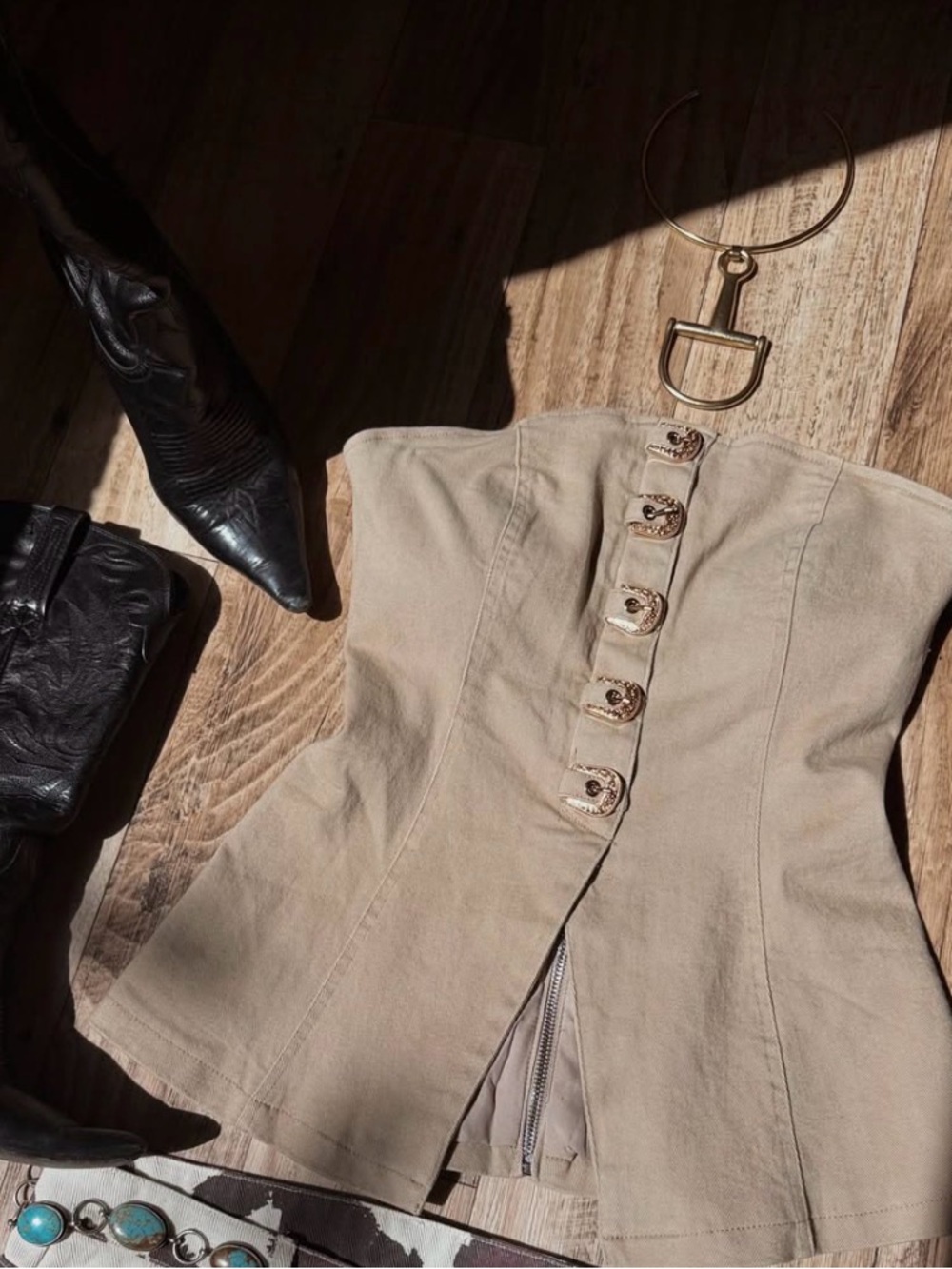 Strapless Button-Front Corset Top in Beige